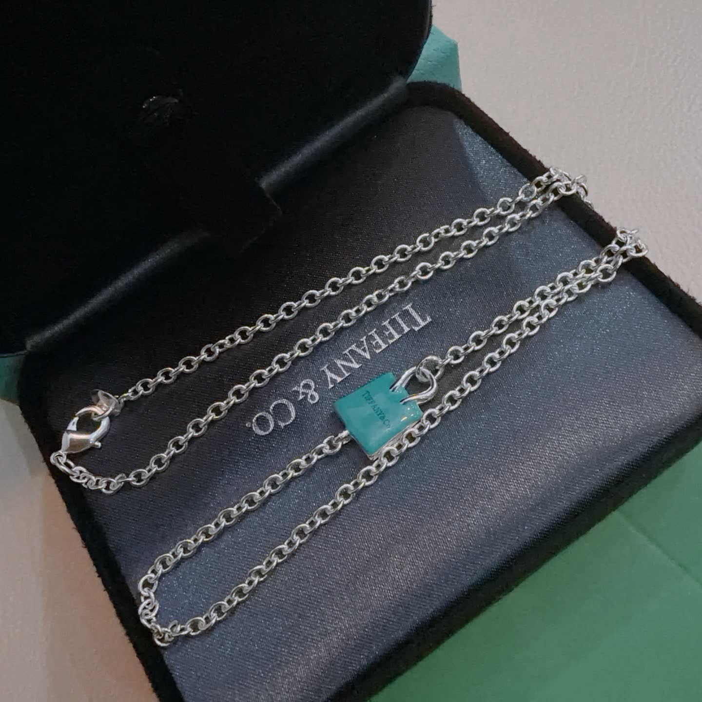 Tiffany & Co. Blue Enamel Lock Charm Necklace